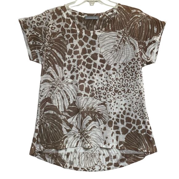 Olivia Moon Pullover High-low Blouse, Brown & White Print, Semi Sheer Size M - Picture 1 of 7